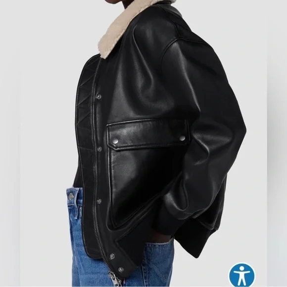 Hudson Womens Oversized Faux Leather Bomber Jacket Medium Black Shearling Edgy - Picture 4 of 15